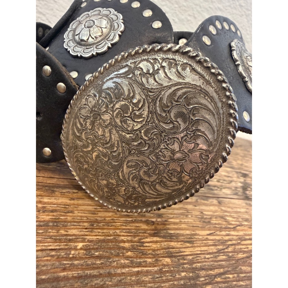 Vintage Fossil Womens Black Silver Western Concho Belt Genuine Leather Boho Med - Picture 2 of 8